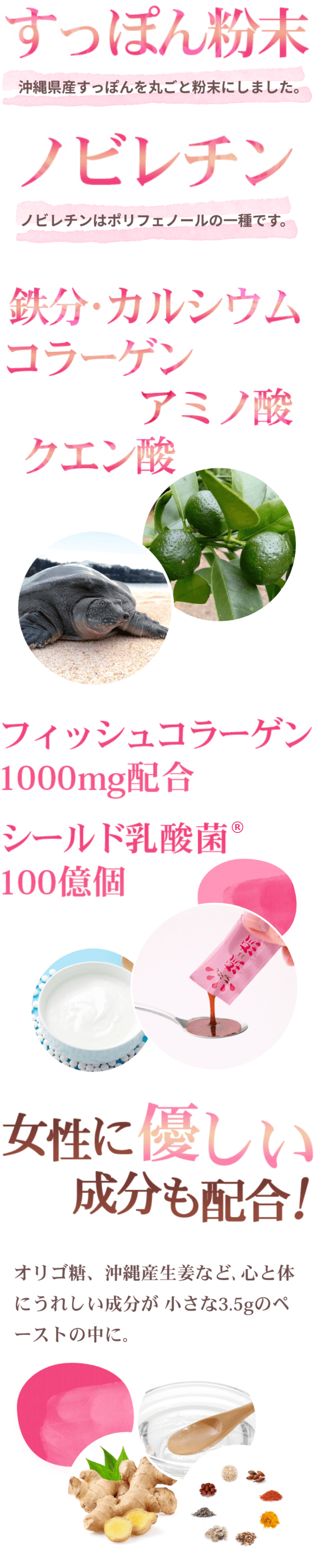 すっぽん粉末 沖縄県産すっぽんを丸ごと粉末にしました。ノビレチン ノビレチンはポリフェノールの一種です。鉄分・カルシウム コラーゲン アミノ酸 クエン酸 フィッシュコラーゲン1000mg配合 シールド乳酸菌100億個 女性にも優しい成分も配合! オリゴ糖、沖縄産生姜など、心と体にうれしい成分が小さな3.5gのペーストの中に。