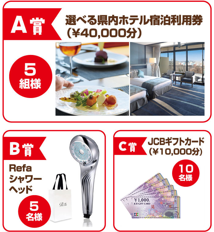 A賞選べる県内ホテル宿泊利用券（40,000円分）5名様／B賞Refaシャワーヘッド5名様／C賞JCBギフトカード（10,000円分）10名様